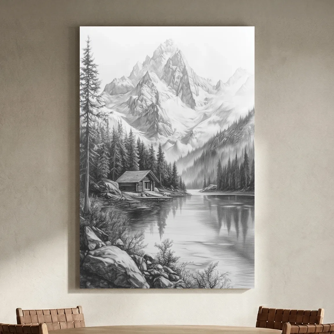 Monochrome Alpine Lake Cabin Sketch Art - Mountain Drawing Wall Art