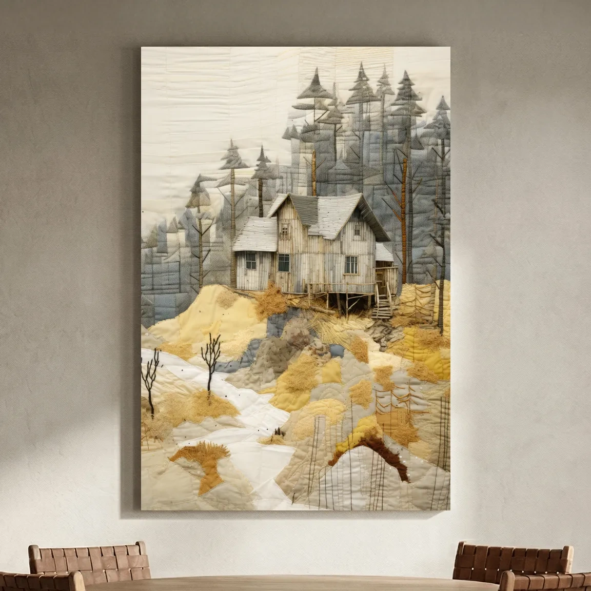 Rustic Woodland Cabin Landscape Quilt Art - Patchwork Style Mixed Media Wall Art