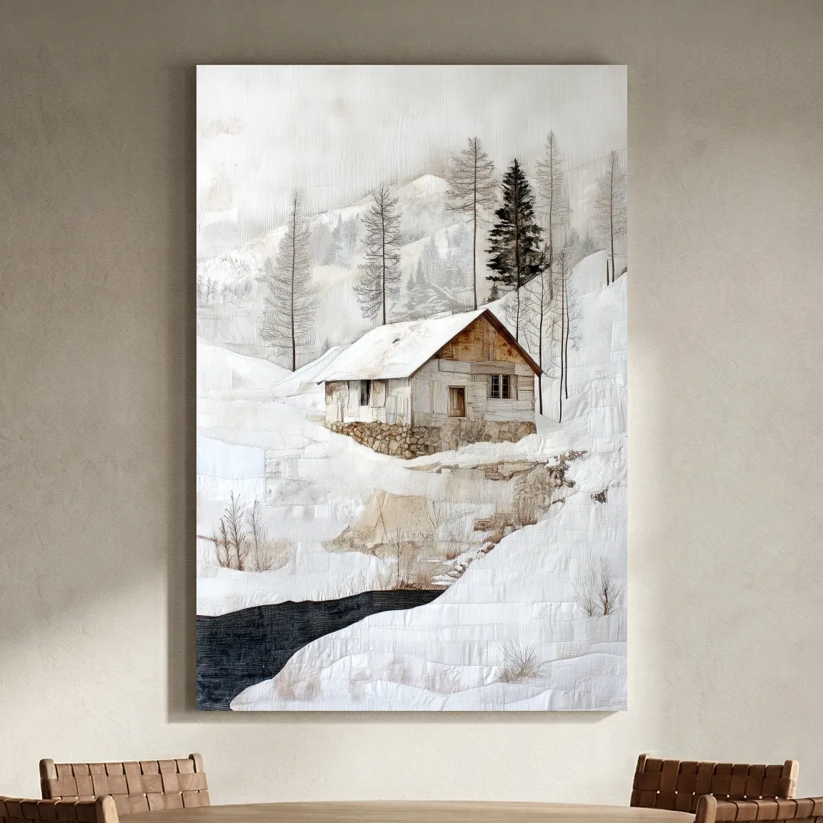 Snowy Mountain Cabin Textured Painting - Winter Landscape Wall Art