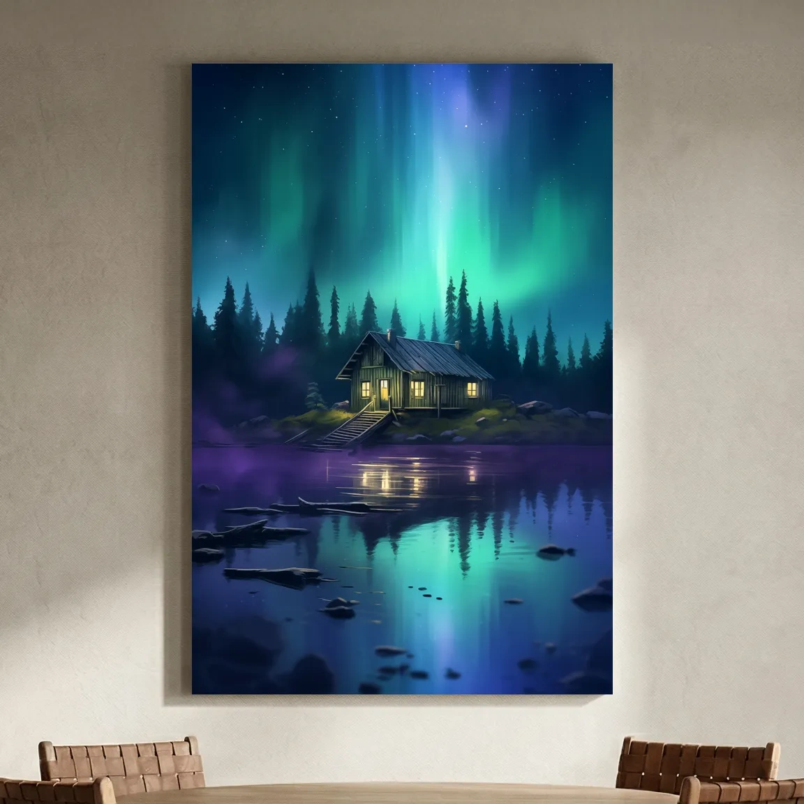 Vibrant Northern Lights Cabin Lake Painting - Aurora Borealis Night Wall Art
