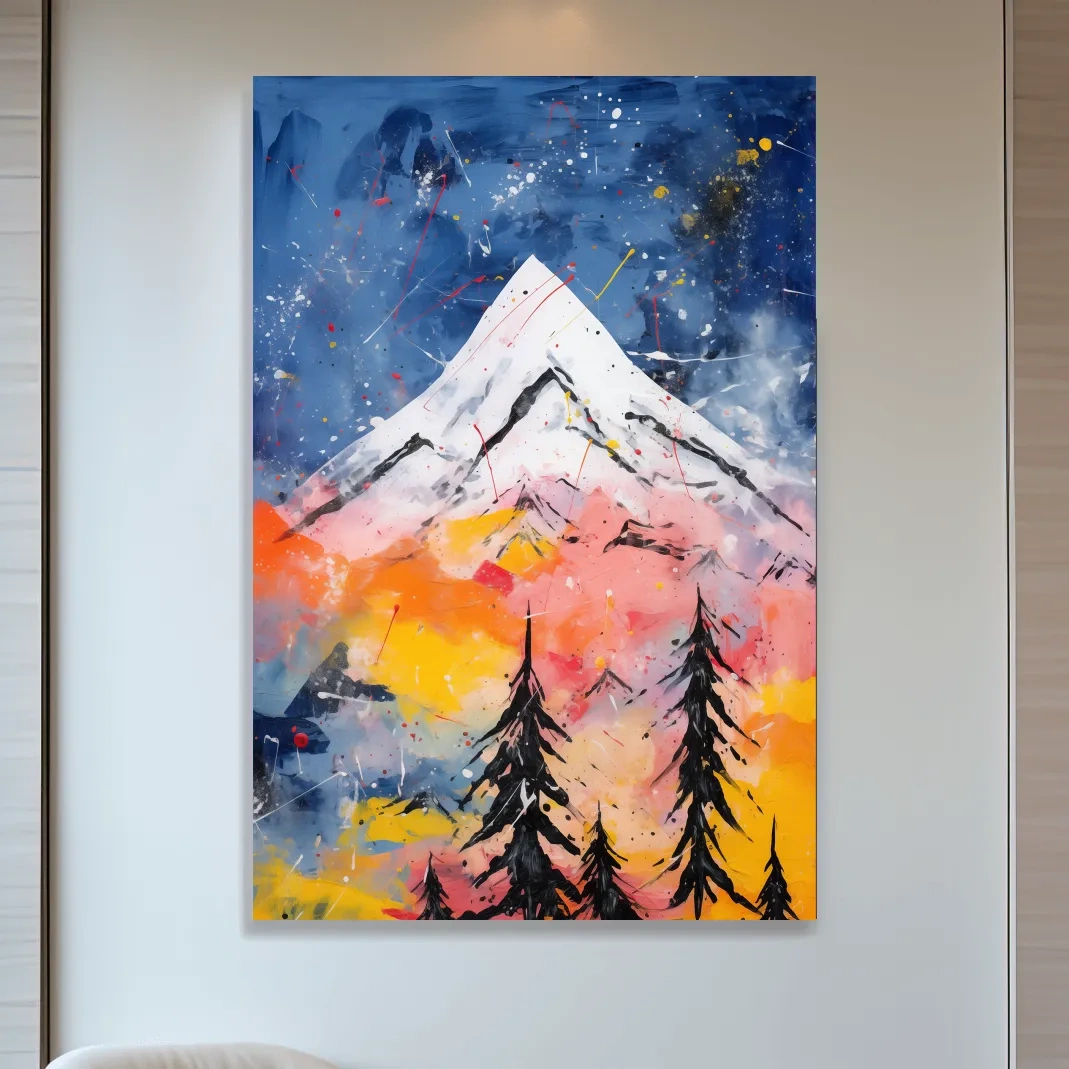 Vibrant Abstract Mountain Peak Sunset Painting - Colorful Acrylic Splash Forest Wall Art