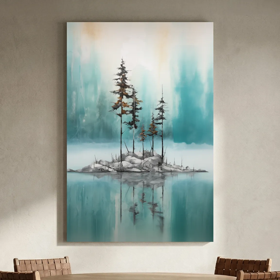 Misty Pine Trees Reflection - Watercolor Turquoise Alpine Lake Wall Art