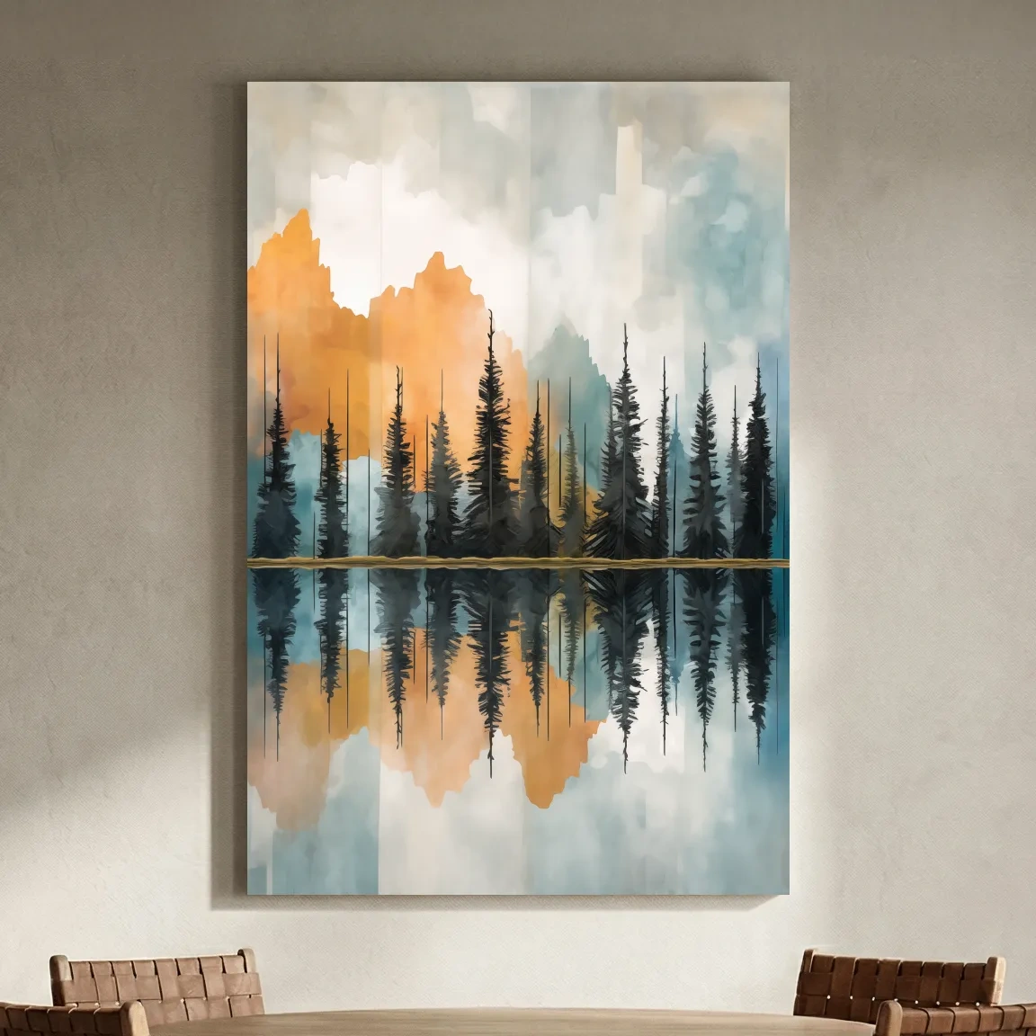 Abstract Watercolor Mountain Lake Reflection - Alpine Forest Landscape Artwork