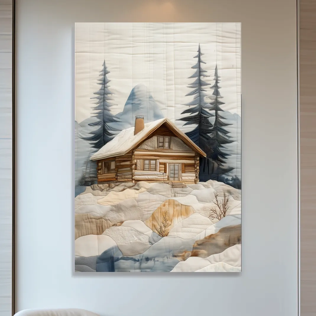 Rustic Winter Cabin In Snowy Pines - Textured Patchwork Fabric Effect Wall Art
