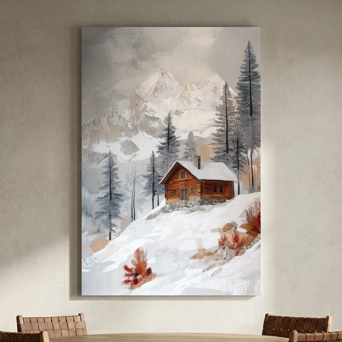 Snowy Mountain Cabin Landscape Painting - Rustic Winter Wilderness Wall Art
