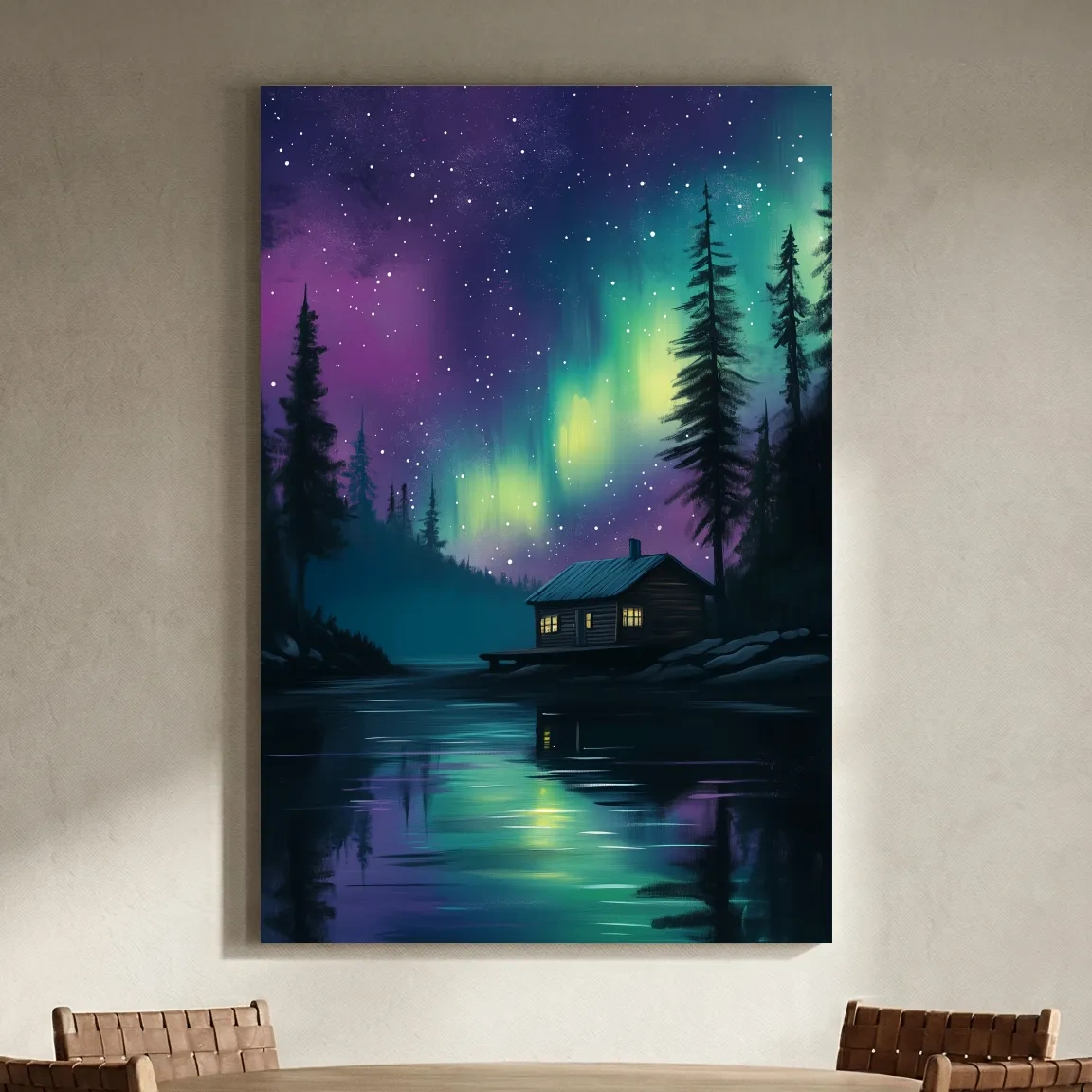 Aurora Borealis Lake Cabin Painting - Northern Lights Wall Art