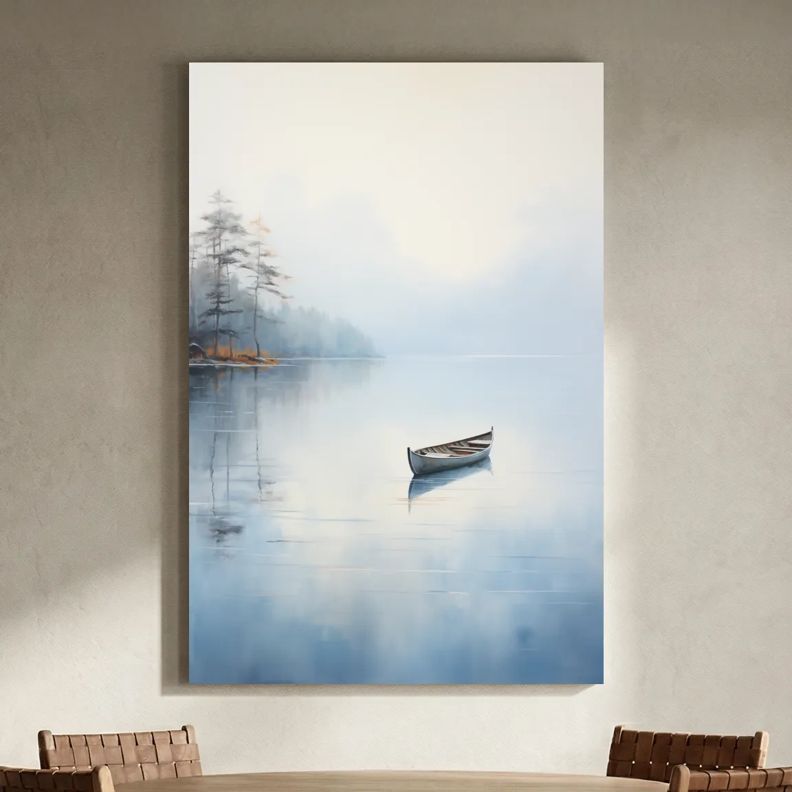 Misty Lake Canoe Reflection Painting - Serene Minimalist Waterscape Wall Art