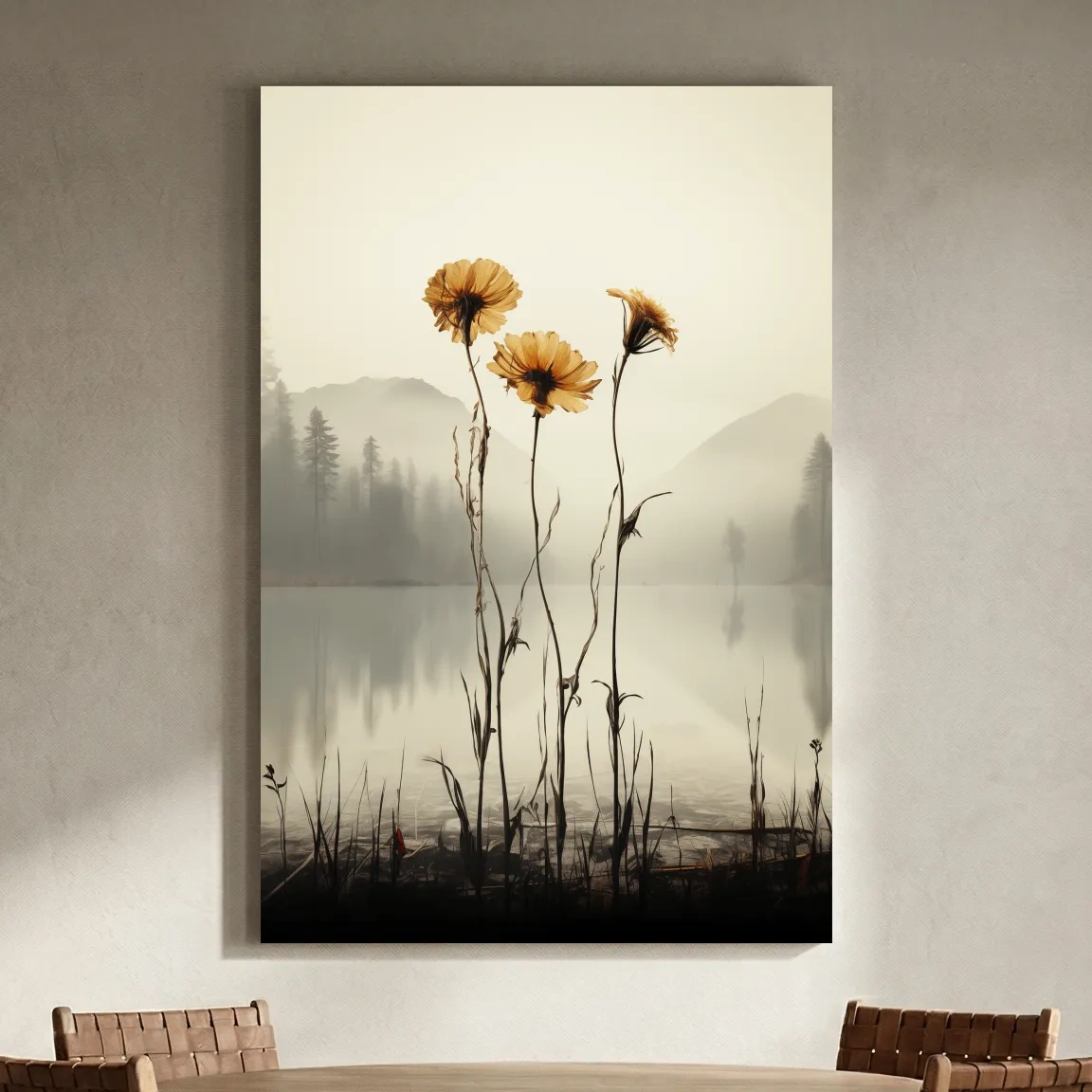Wildflower Misty Lake Landscape - Minimalist Botanical Wall Art