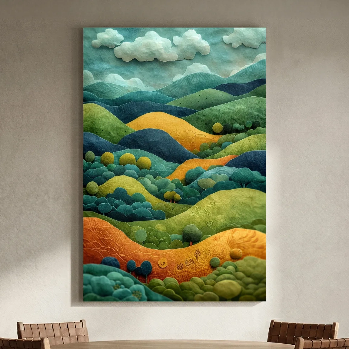 3D Layered Paper Cut Style Mountain Artwork - Whimsical Surreal Landscape Wall Art
