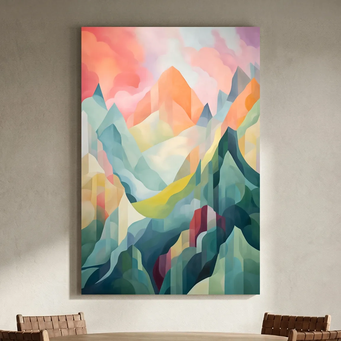 Vibrant Abstract Pastel Mountain Sunset - Geometric Watercolor Style Wall Art
