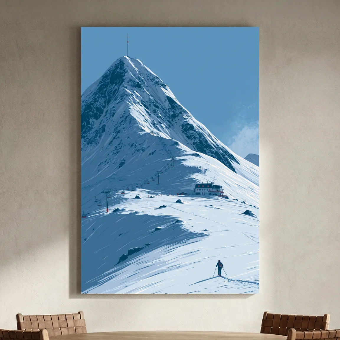 Alpine Mountain Skier Artwork - Minimalist Winter Landscape Wall Art