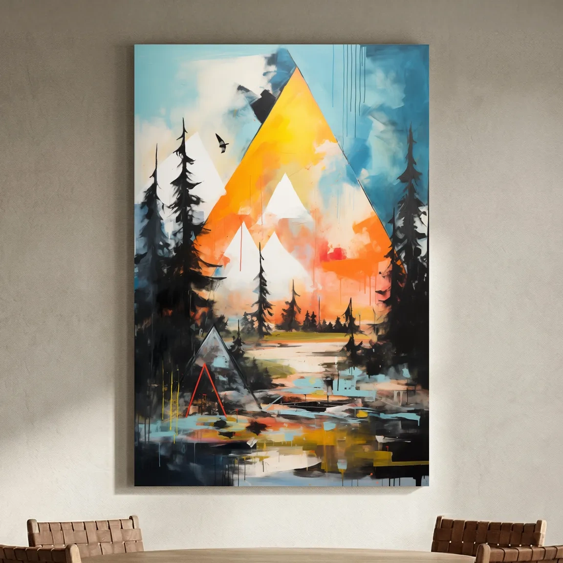 Vibrant Abstract Mountain Painting - Modern Geometric Alpine Forest Wall Art