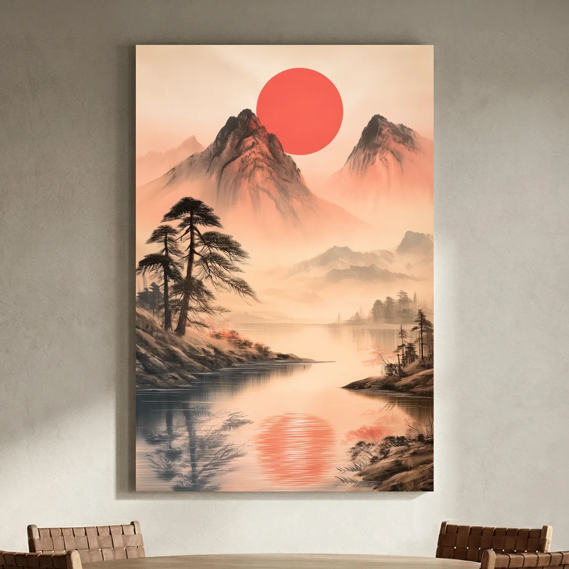 Zen Misty Mountain Lake Sunrise - Japanese Ink Wash Wall Art