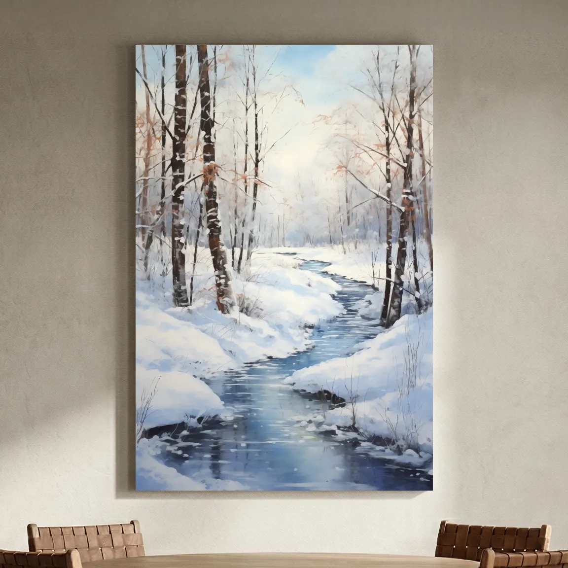 Serene Winter River Forest Painting - Snowy Woodland Wall Art