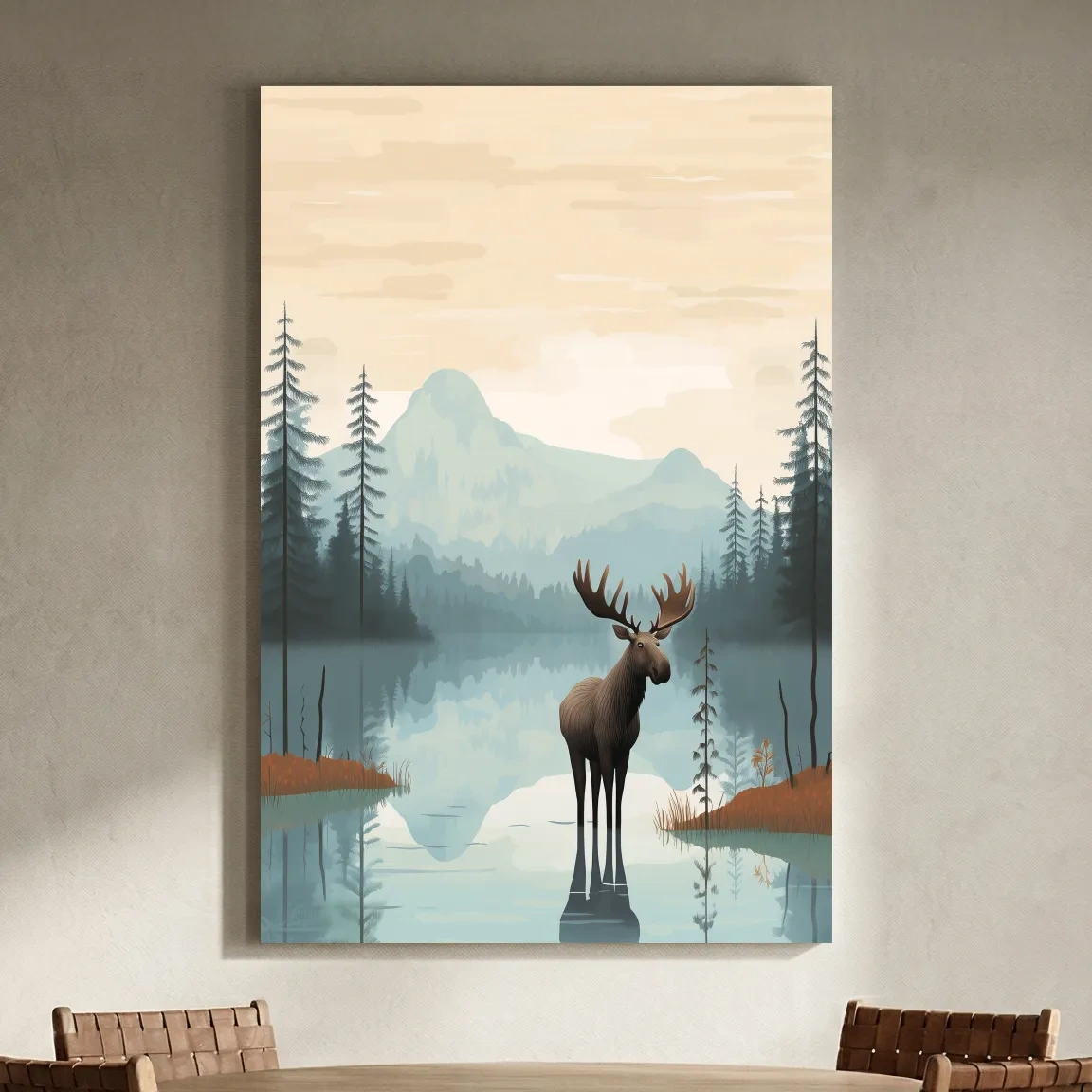 Moose Mountain Lake Illustration - Nursery Forest Mountain Wall Art