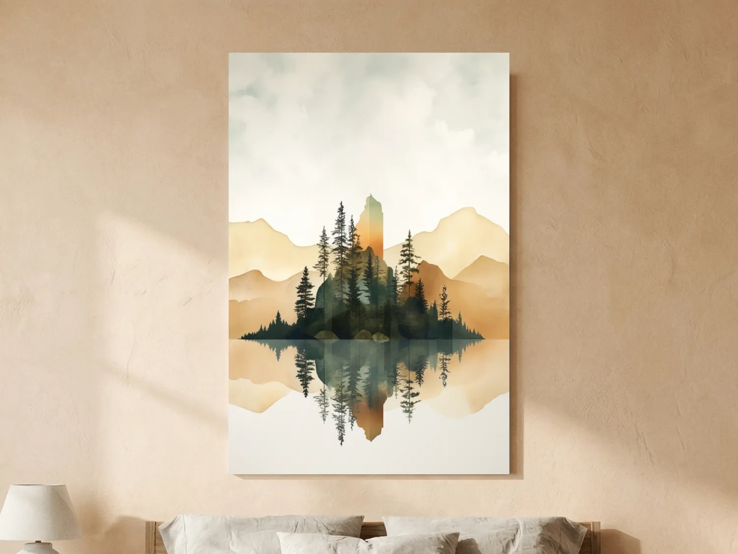 Alpine Mountain Lake Reflection Watercolor - Serene Pine Forest Wall Art