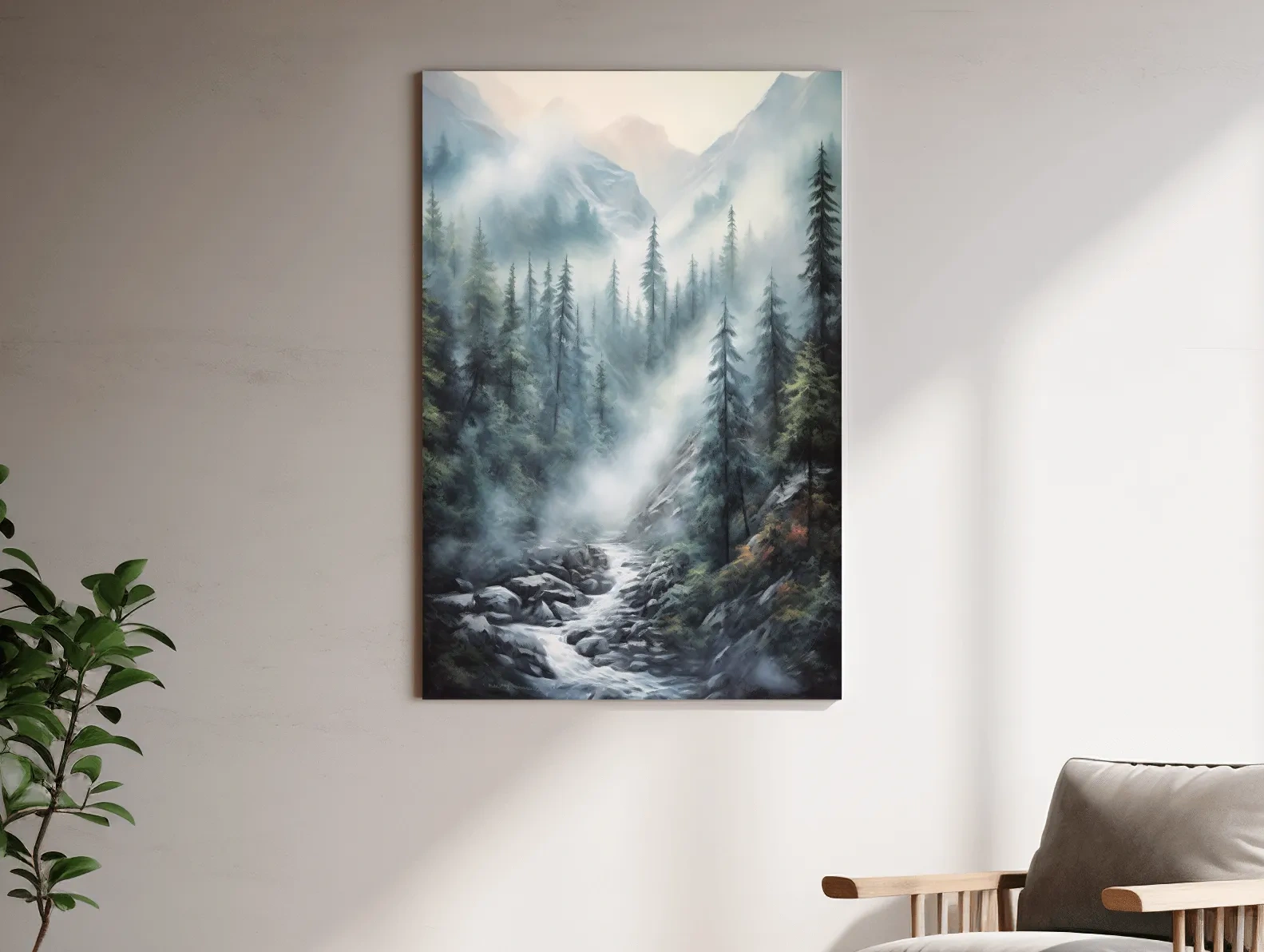 Painting of a foggy forest mountain and river scene
