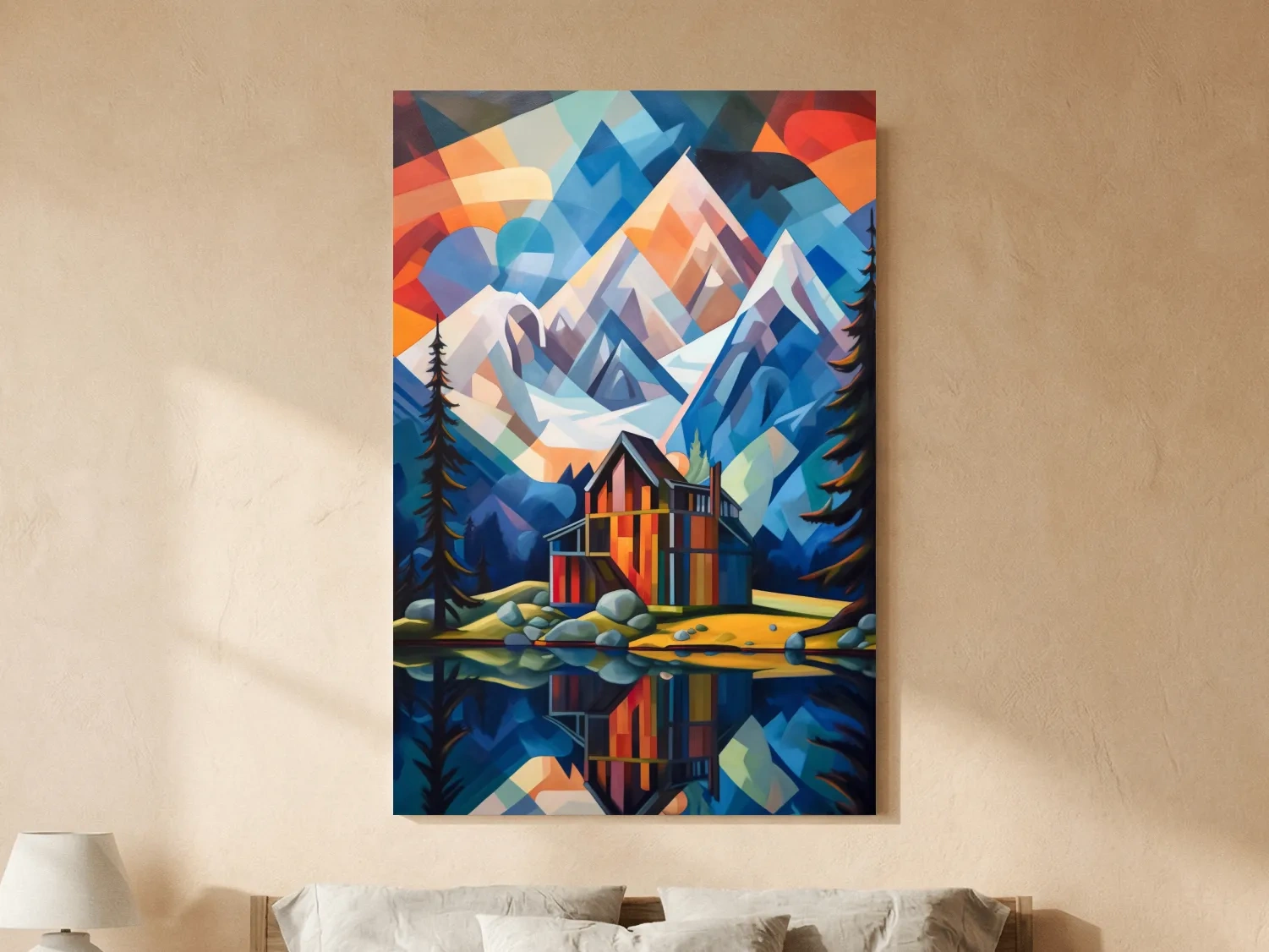 Vibrant Geometric Mountain Lake Cabin Painting - Abstract Alpine Wall Art