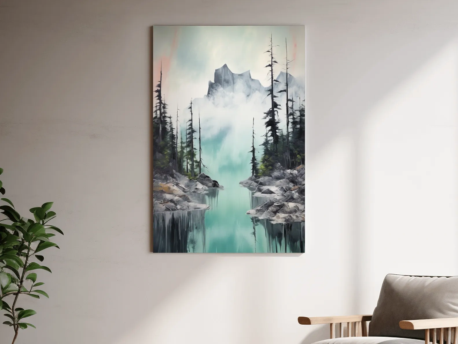 Misty Turquoise Alpine Lake Reflection - Watercolor Mountain Forest Wall Art