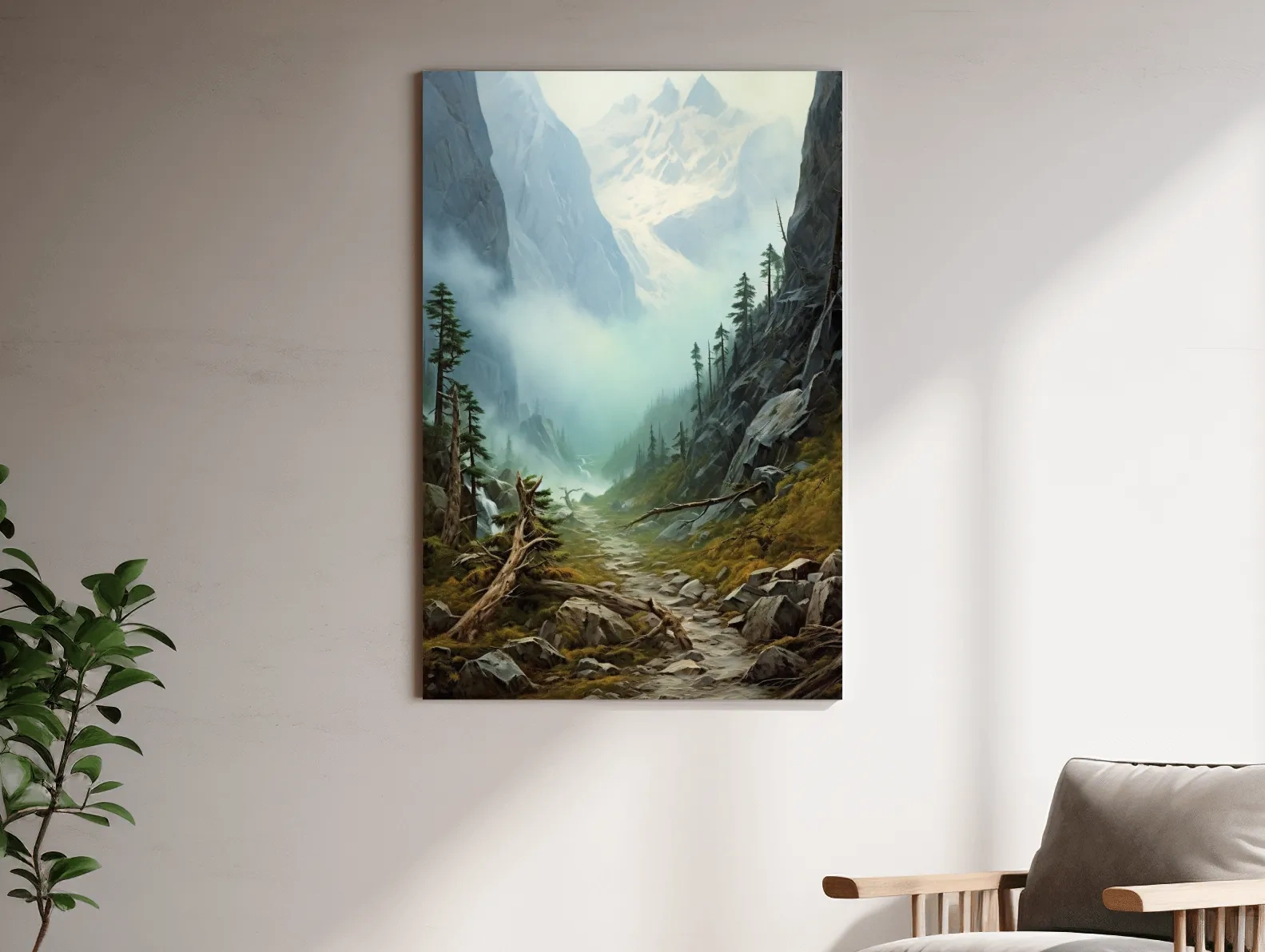 Misty Alpine Mountain Valley Painting - Foggy Pine Forest Wall Art