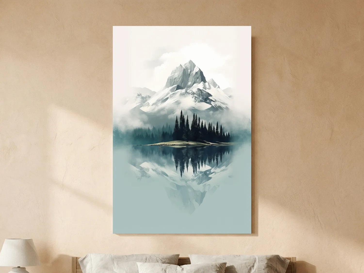 Misty Alpine Mountain Lake Reflection - Minimalist Watercolor Landscape Wall Art