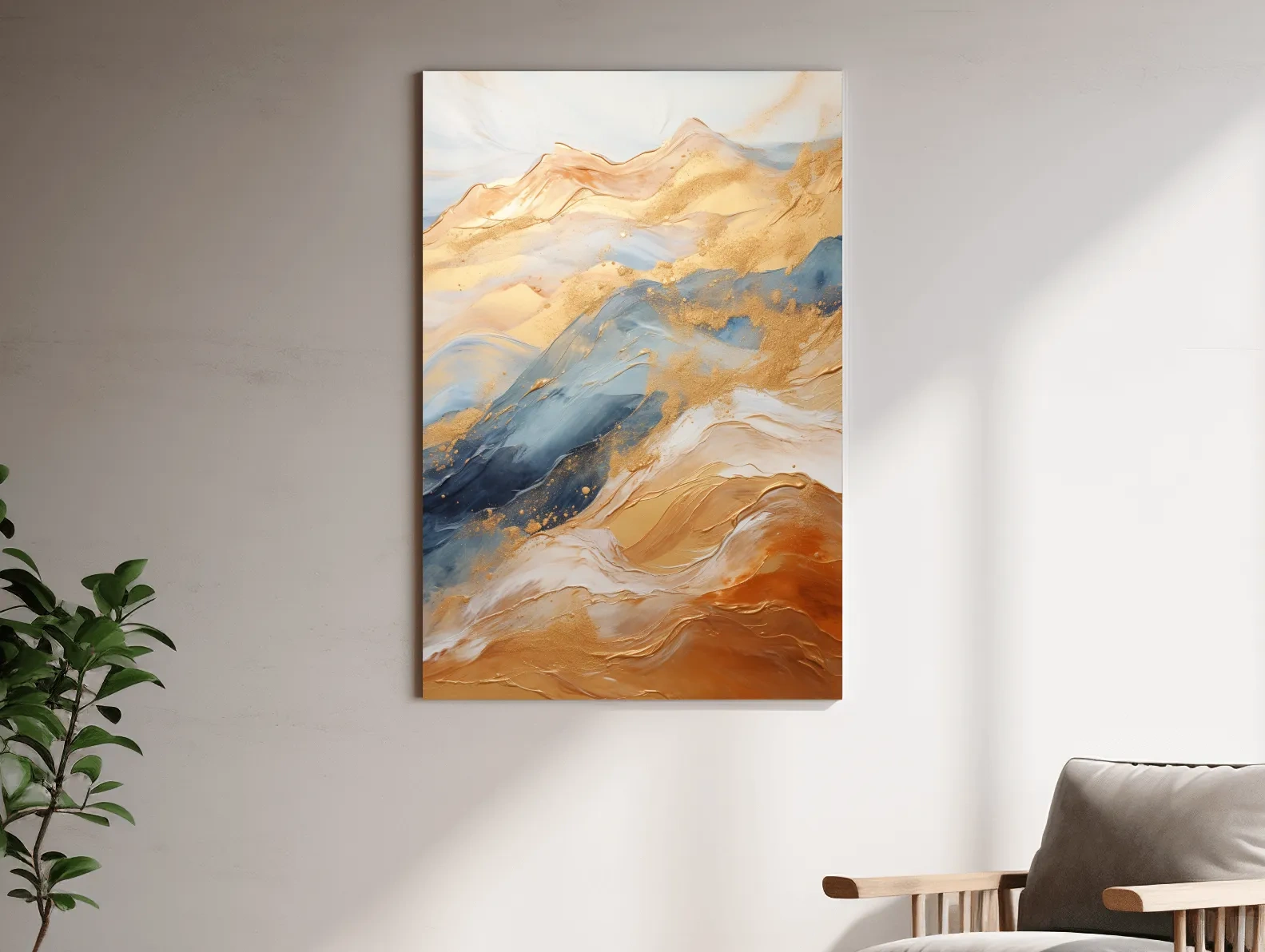 Abstract golden swirling painting forming mountains