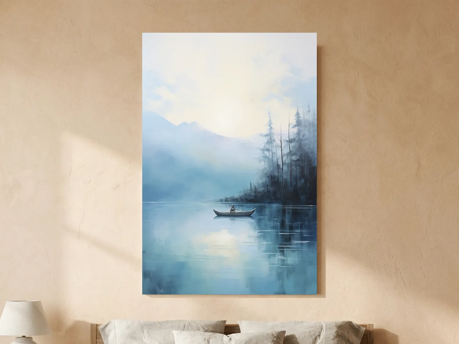Misty Turquoise Mountain Lake Canoe Painting - Serene Forest Landscape Wall Art