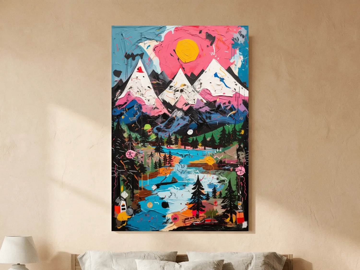 Vibrant Abstract Mountain Lake Sunset Painting - Colorful Modern Landscape Wall Art