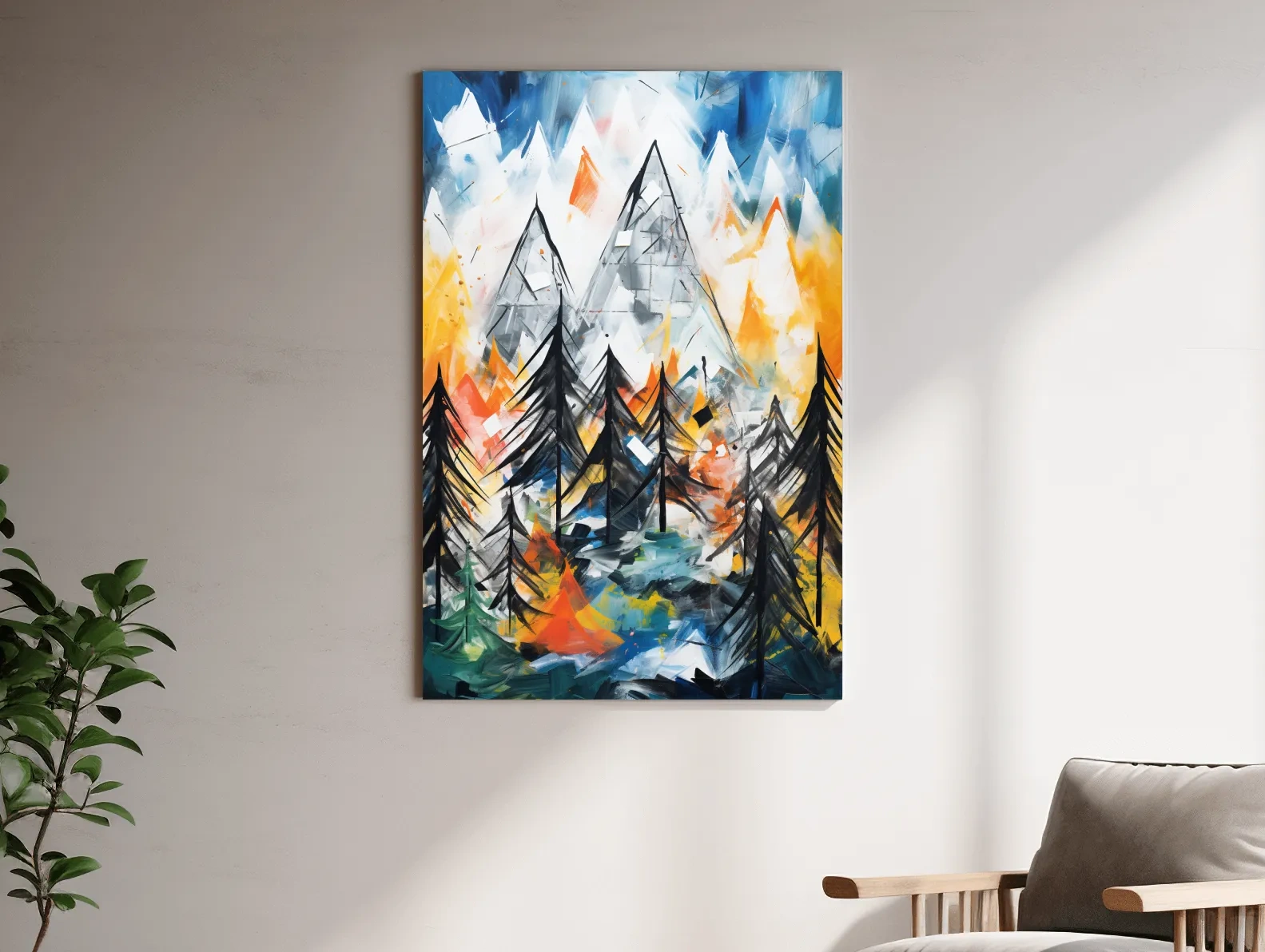 Abstract Alpine Mountain Peaks Painting - Colorful Energetic Pine Forest Landscape Wall Art