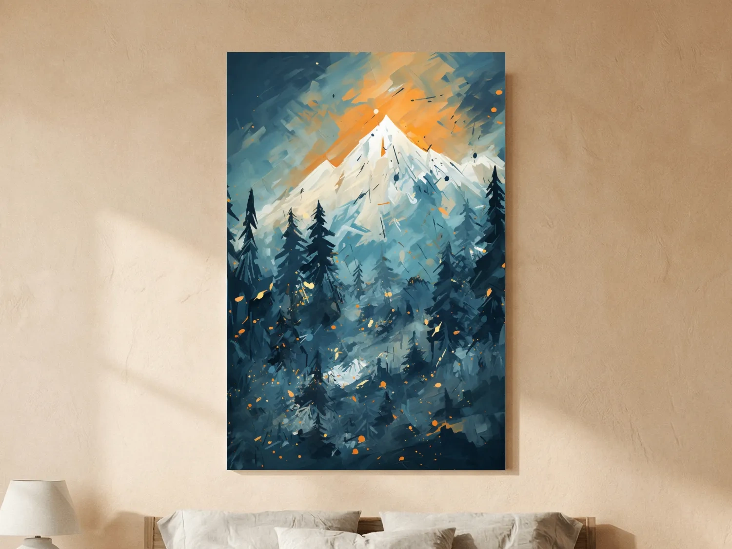 Abstract Snowy Mountain Peak Sunset - Moody Pine Forest Painting Wall Art
