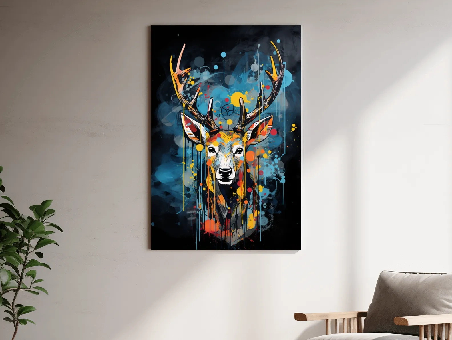 Deer head painting in a graffiti dripping style