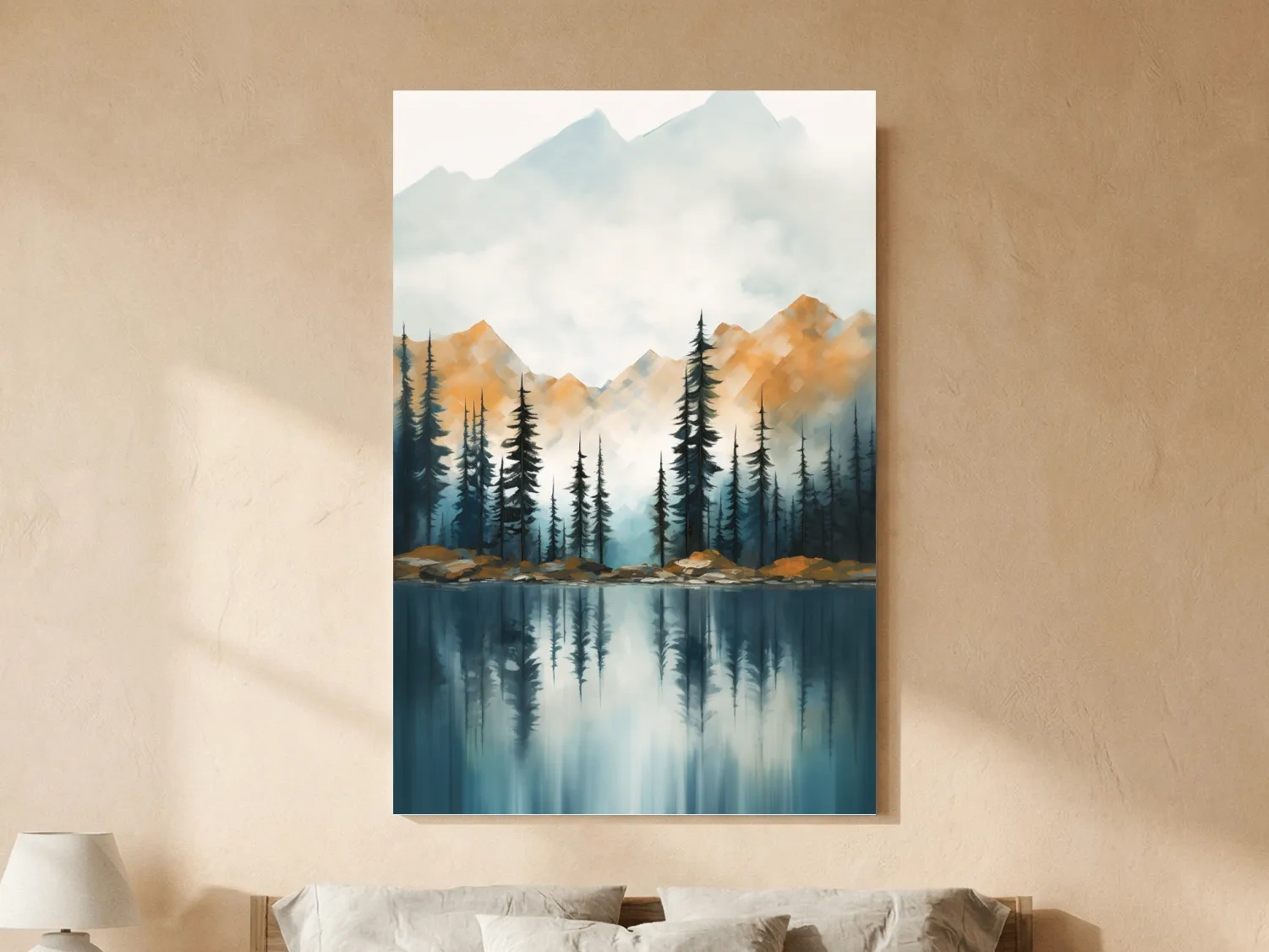 Misty Watercolor Mountain Lake Reflection - Serene Pine Forest Landscape Wall Art