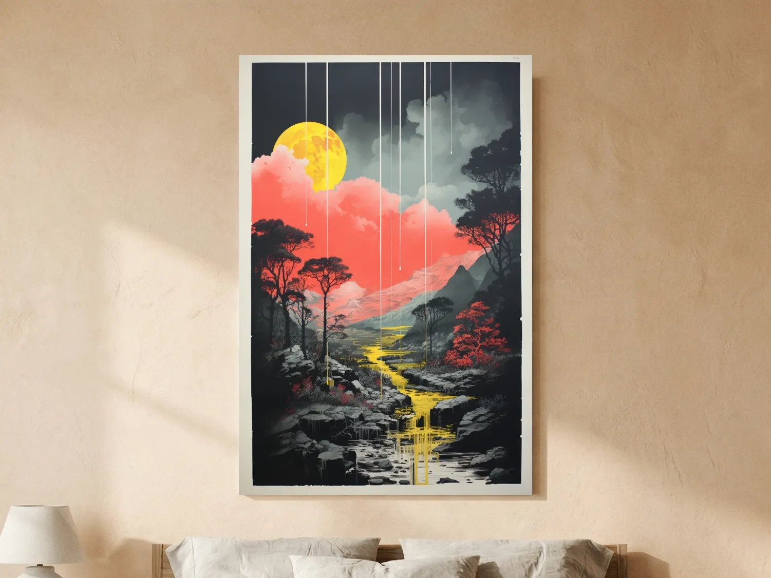 Surreal Moonlit Mountain River Landscape - Fantasy Nature Wall Art