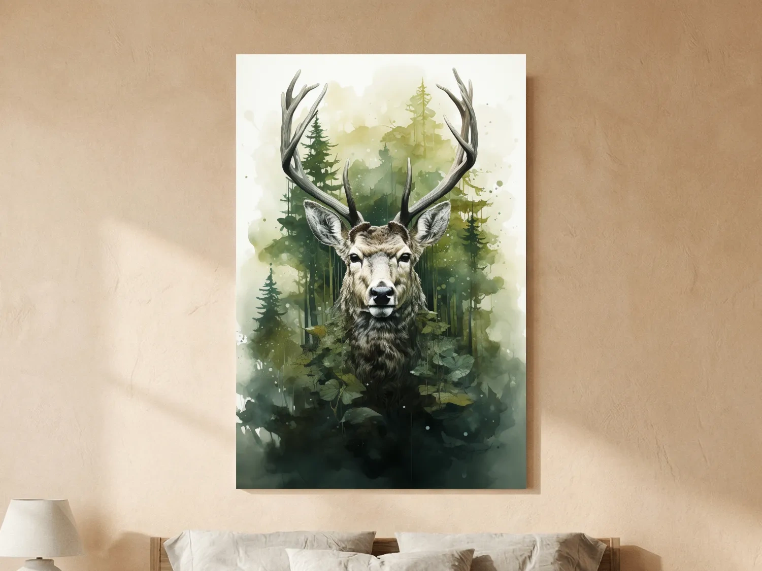Watercolor Deer Portrait In Misty Pine Forest - Woodland Wildlife Wall Art
