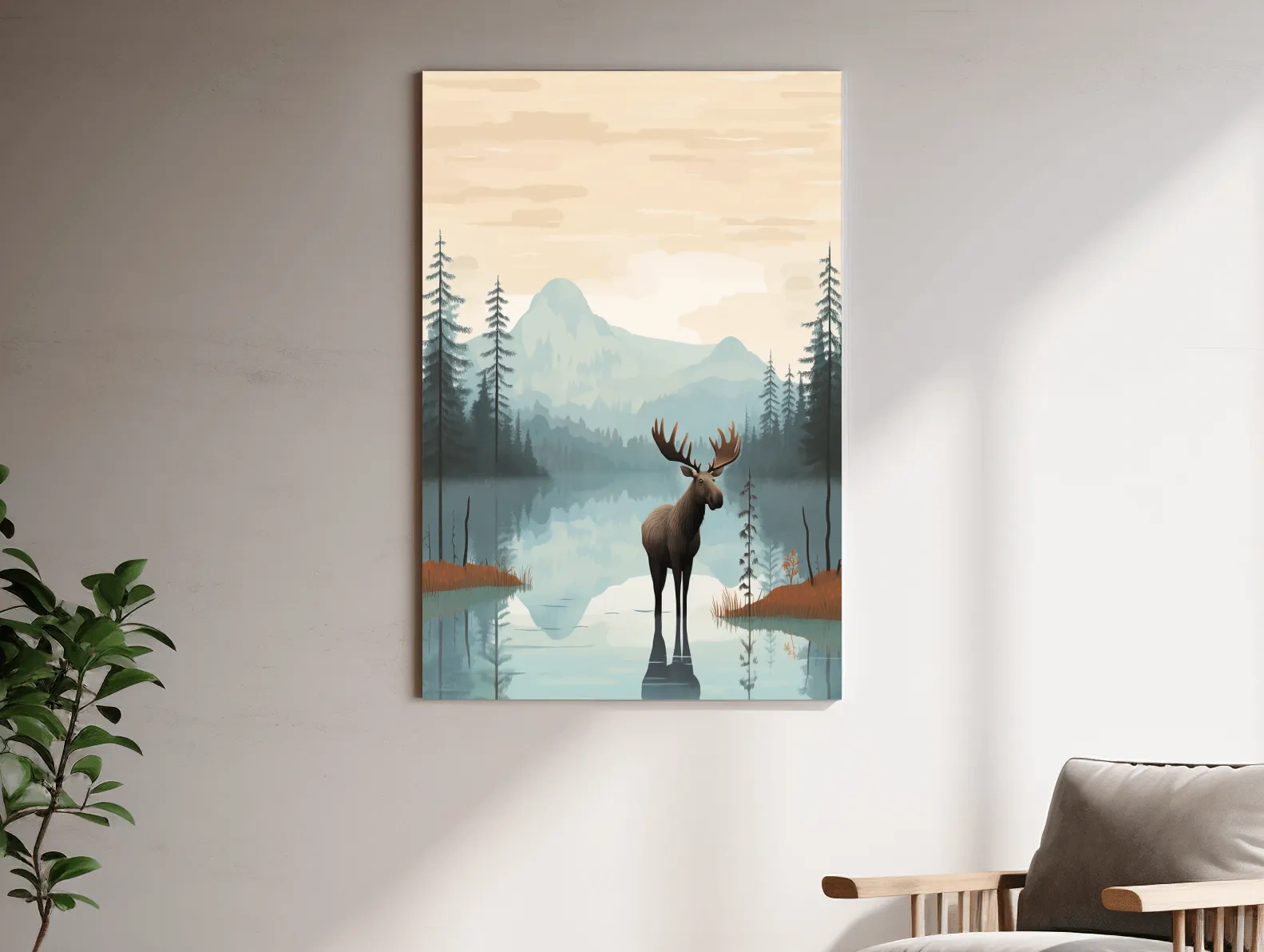 Moose Mountain Lake Illustration - Nursery Forest Mountain Wall Art