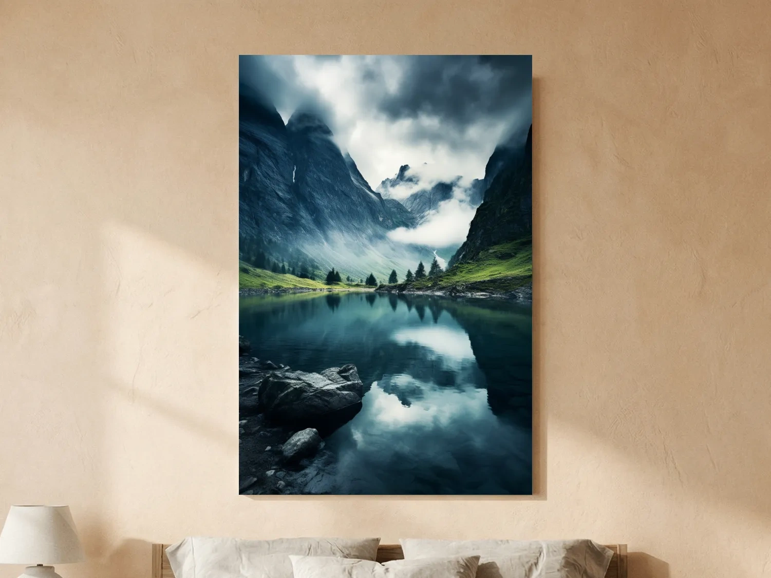 Moody Misty Alpine Lake Reflection - Dramatic Photographic Mountain Wall Art