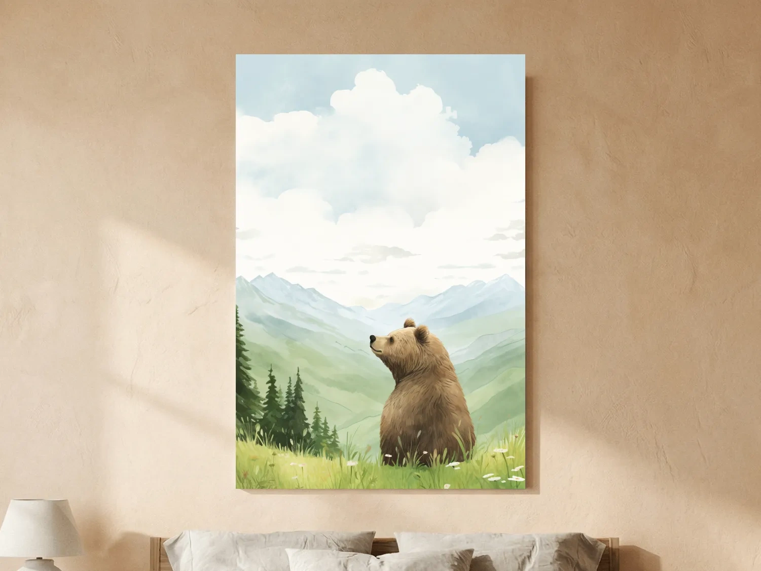 Whimsical Watercolor Bear In Mountain Meadow - Serene Nursery Wildlife Art