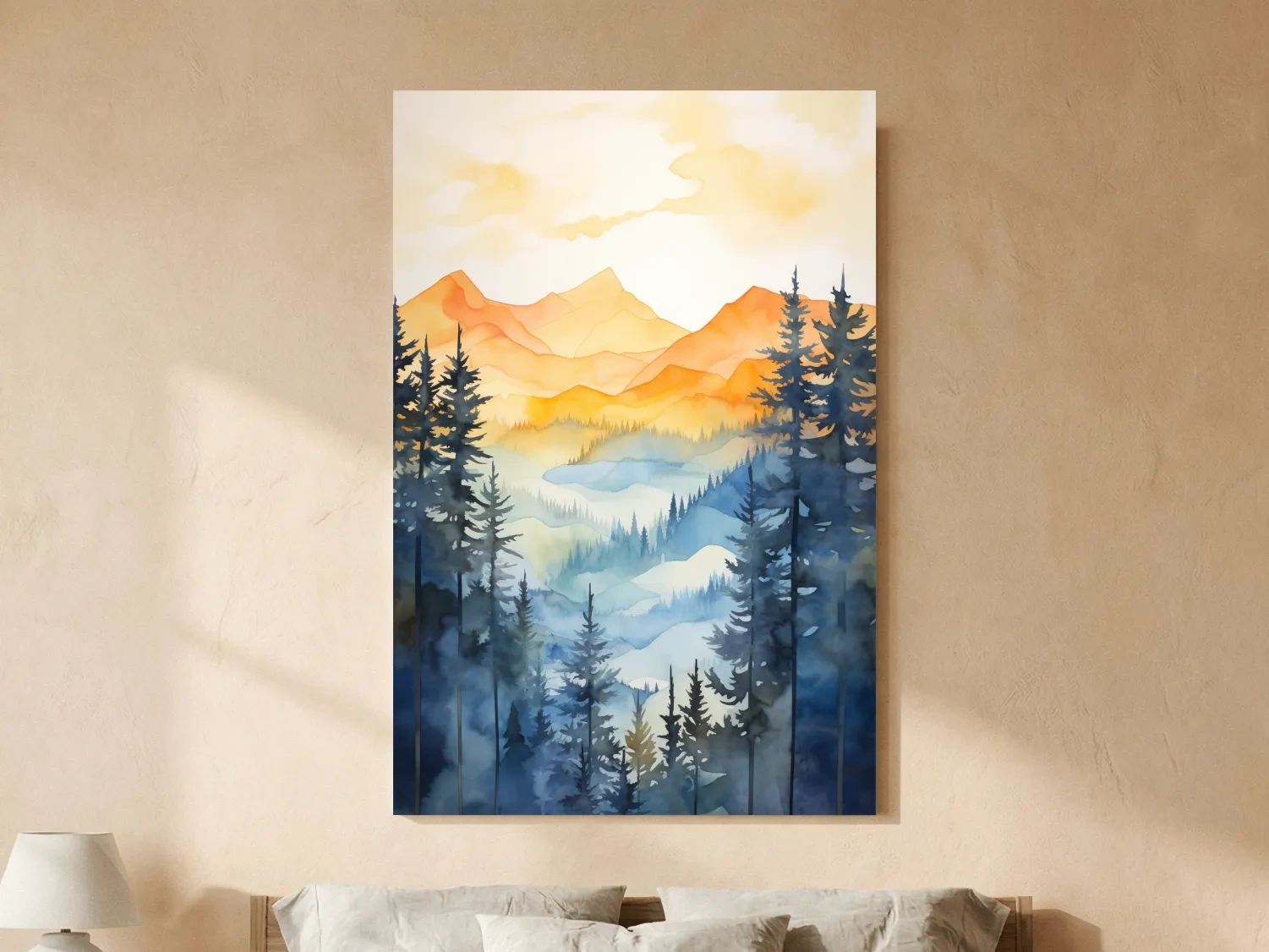 Golden Watercolor Mountain Sunrise Painting - Misty Alpine Forest Artwork