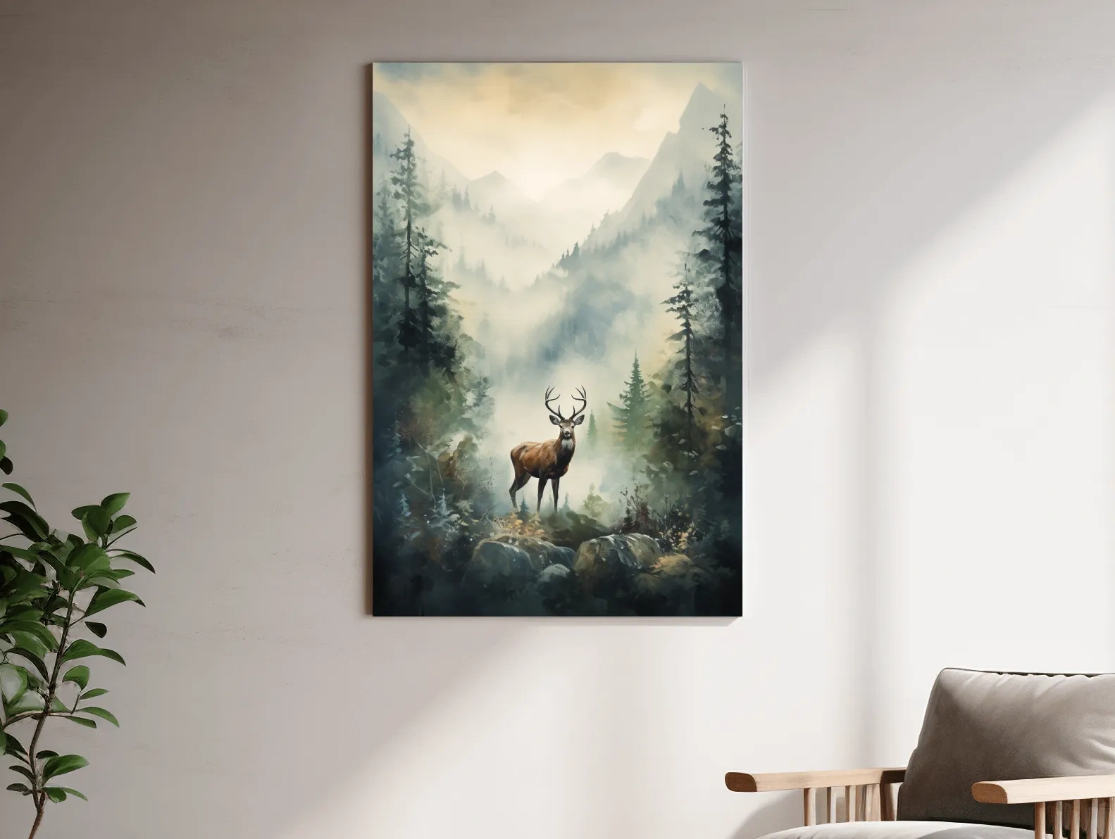 Misty Alpine Forest Deer Painting - Atmospheric Mountain Wildlife Wall Art