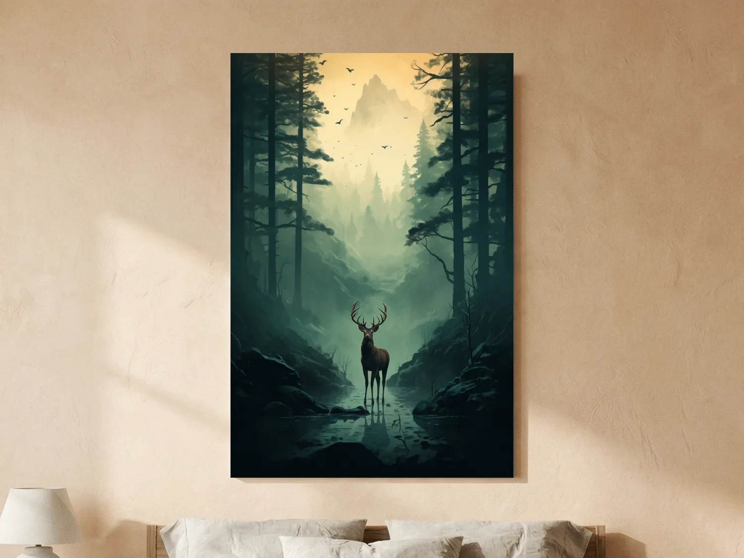 Moody Misty Forest Deer Stag Landscape - Atmospheric Wildlife Mountain Wall Art