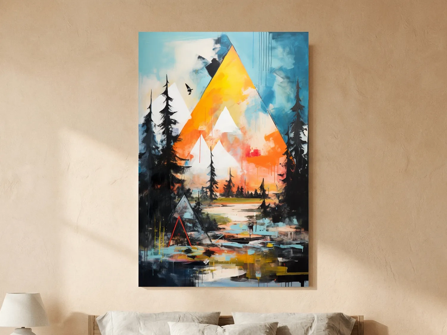 Vibrant Abstract Mountain Painting - Modern Geometric Alpine Forest Wall Art