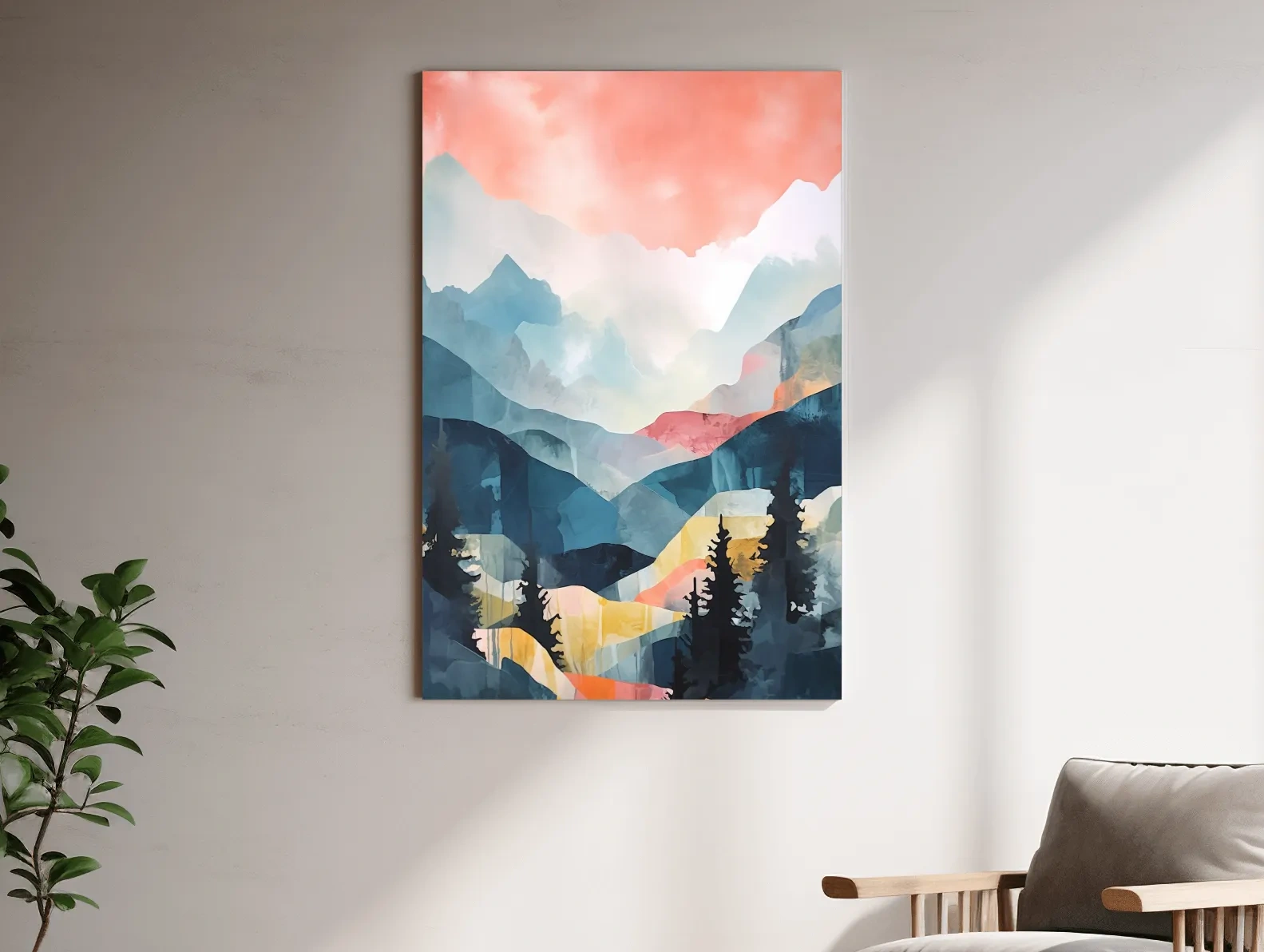 Abstract pastel painting - mountains and trees at sunset