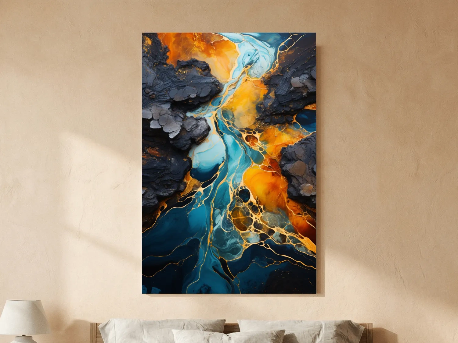 Elegant Gold And Teal Abstract Flowinf River - Alcohol Ink Style Wall Art
