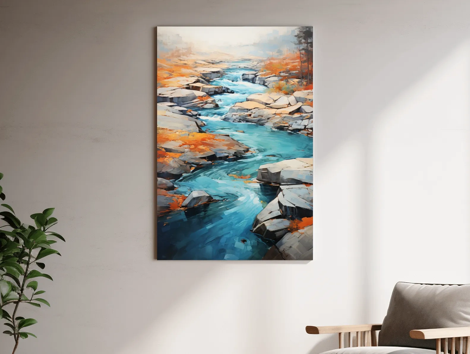 Serene painting of a river flowing through the rocks in fall