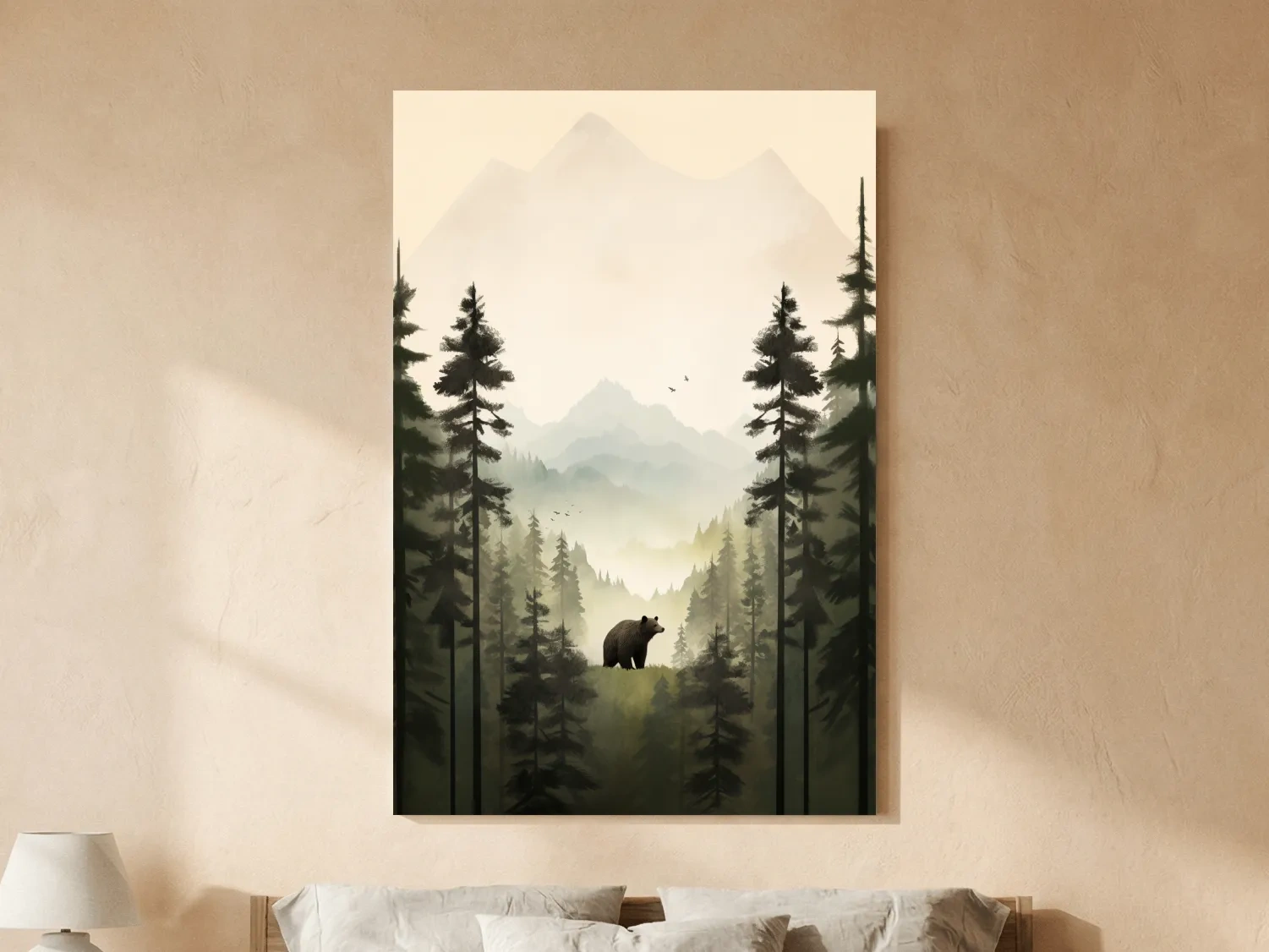 Misty Pine Forest Bear Illustration - Minimalist Wildlife Wall Art