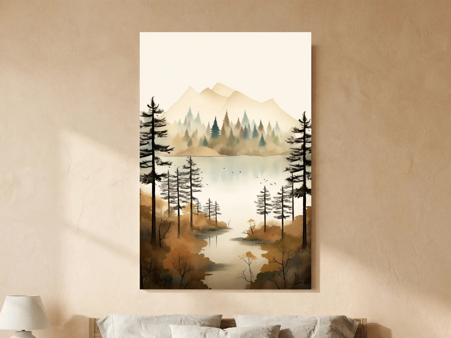 Misty Watercolor Mountain Lake Forest - Serene Alpine Wall Art