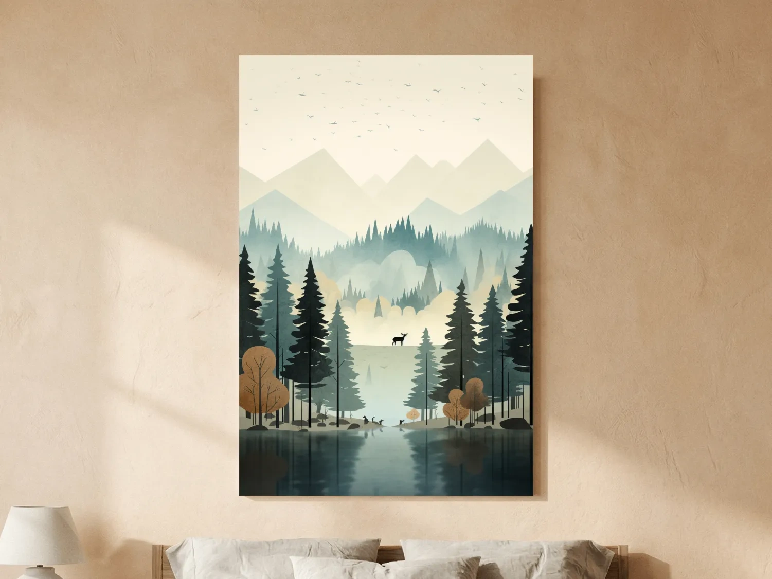 Alpine Lake Forest With Deer - Scandinavian Minimalist Wall Art