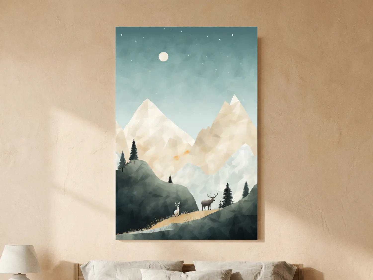 Mountain Deer Landscape Illustration - Minimalist Alpine Forest Wildlife Wall Art