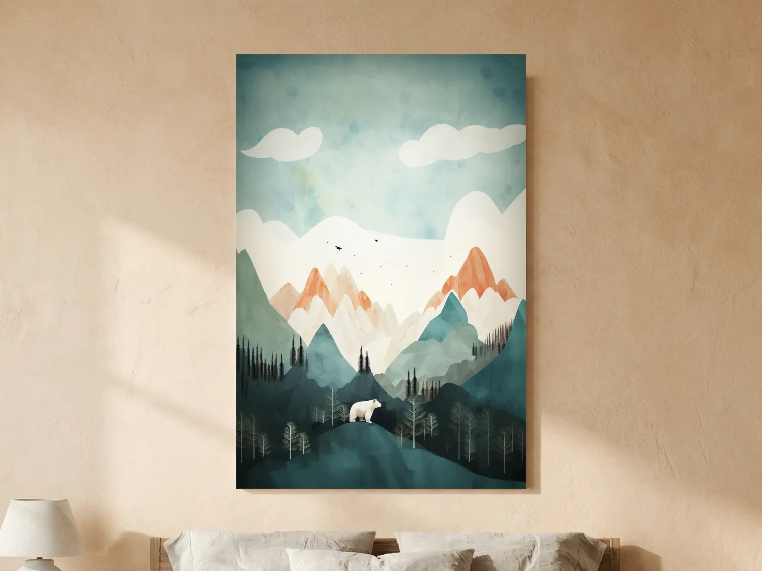 Whimsical Bear Alpine Mountain Landscape - Childrens Nursery Wall Art