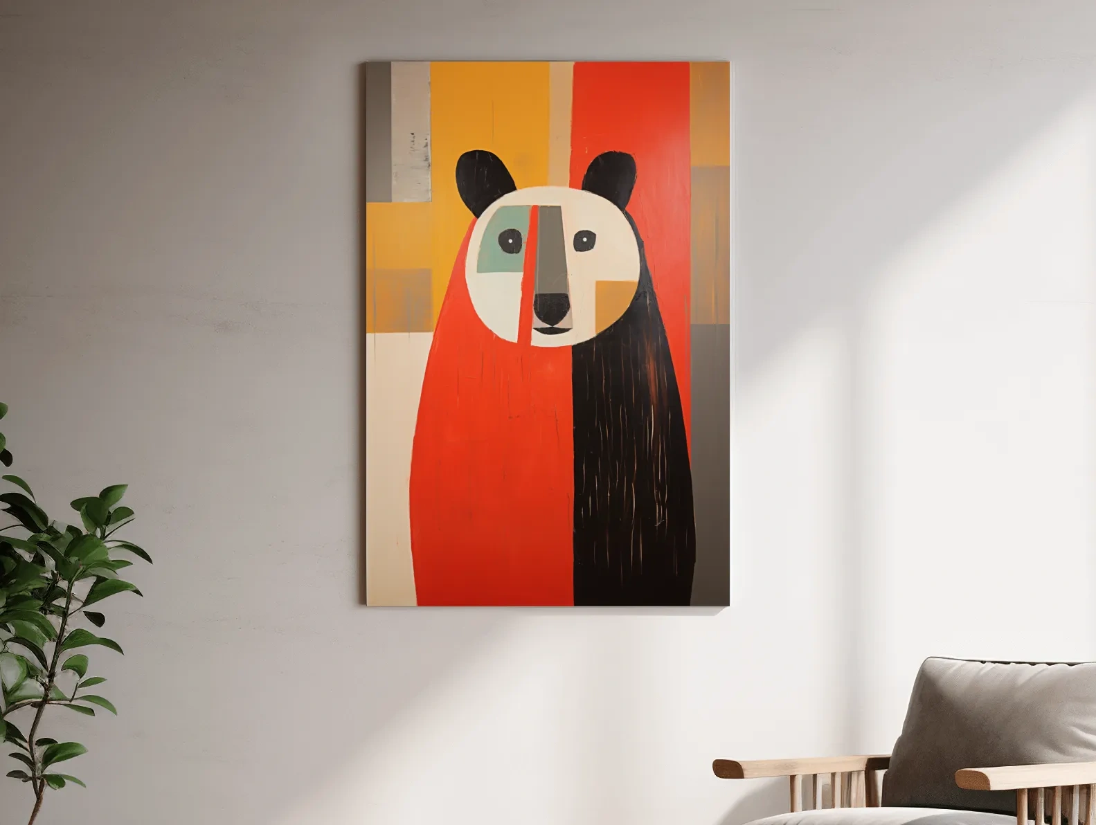 Bold Geometric Bear Portrait Painting - Quirky Abstract Animal Wall Art